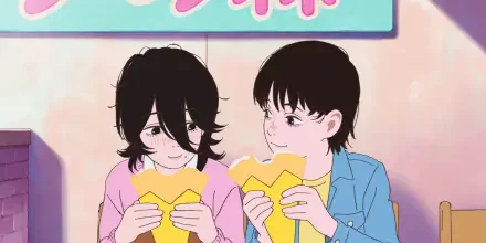 Two anime characters share a moment, enjoying food while sitting together. This HD PC desktop wallpaper is titled Look Back, featuring a warm and cheerful atmosphere.