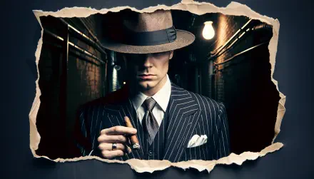 A stylish gangster stands in a dimly lit alley, wearing a pinstripe suit and fedora, holding a cigar. The image features a torn paper frame, enhancing the dramatic effect.