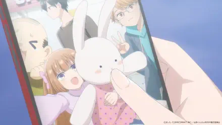 HD PC desktop wallpaper featuring characters from the anime My Love Story With Yamada-kun at Lv999, showing a group selfie with a large white stuffed bunny.