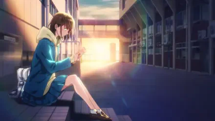 HD anime desktop wallpaper featuring Chinatsu Kano from Blue Box sitting thoughtfully on steps in a sunset-lit school courtyard.