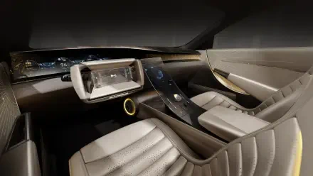 A sleek interior of the DS SM Tribute car, showcasing modern design elements and advanced dashboard features, set against a dark background. 4K Ultra HD desktop wallpaper.
