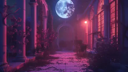 Chill lofi vaporwave night scene of illuminated classical architecture under bright moonlight, rendered in 4K Ultra HD for a striking PC desktop wallpaper.
