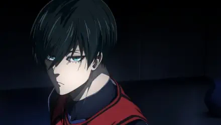 HD anime wallpaper featuring Rin Itoshi from Blue Lock with intense blue eyes and dark hair against a shadowy background.