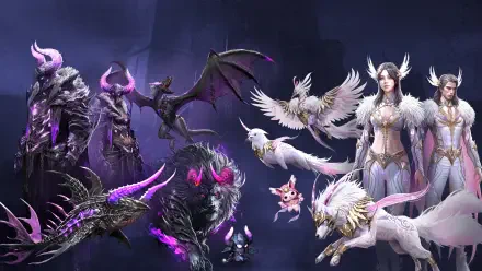 A stunning 4K Ultra HD wallpaper featuring characters and mythical creatures from the video game Throne and Liberty, set against a dark, mystical background.