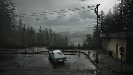 A moody scene from Silent Hill 2, featuring a rain-soaked parking lot with a vintage car, under a cloudy sky and surrounded by dark, dense trees. A striking 4K Ultra HD wallpaper.