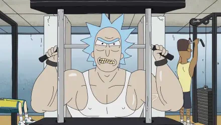 Rick Sanchez from Rick and Morty showcases a humorous, exaggerated muscular form as he lifts weights in a gym setting, capturing the essence of a giga chad in vibrant 4K Ultra HD.