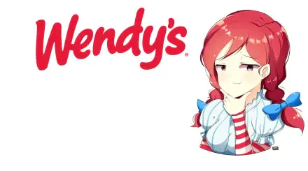 An HD desktop wallpaper featuring an animated character representing Wendy's, with the iconic logo prominently displayed alongside a stylized illustration of the character.