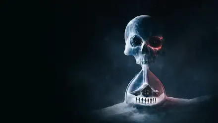 Until Dawn HD PC desktop wallpaper and background: eerie skull-shaped hourglass with a red-blue glowing eye socket, rising from mist in a dark, atmospheric scene.