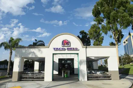 A bright, inviting Taco Bell restaurant with palm trees and a blue sky in the background, captured as a high-definition desktop wallpaper.