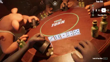 A vibrant HD wallpaper featuring a game of dice at Liars Bar, with animated characters gathered around a table, ready for their turn in this engaging video game setting.