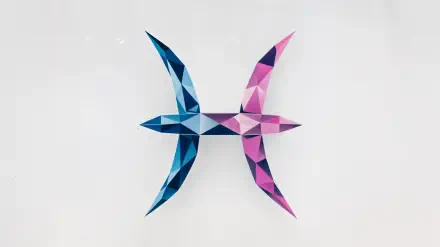 A vibrant 4K Ultra HD desktop wallpaper featuring the Pisces zodiac symbol, constructed from geometric shapes in blue and pink against a light background.