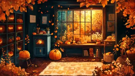 A cozy autumn aesthetic featuring a warm room filled with pumpkins and autumn leaves, illuminated by golden light streaming through a window. 4K Ultra HD desktop wallpaper.