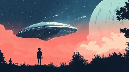 A silhouetted figure stands in a vibrant landscape as a sleek UFO descends under a starry sky, capturing an exhilarating sci-fi alien encounter in stunning 4K Ultra HD.