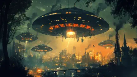 A dramatic sci-fi scene depicting a UFO invasion over a futuristic city, illuminated by vibrant lights. This 4K Ultra HD wallpaper captures a striking mix of technology and atmosphere.