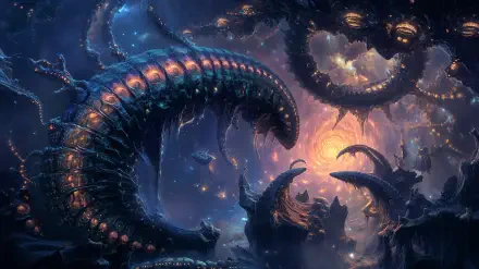 A mesmerizing 4K Ultra HD wallpaper depicting an alien encounter, featuring twisting, luminous creatures in a dark, cosmic landscape filled with vibrant colors and intricate details.