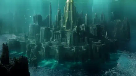 A stunning 4K Ultra HD image of an underwater city, featuring towering structures and intricate architecture submerged in serene, azure waters.