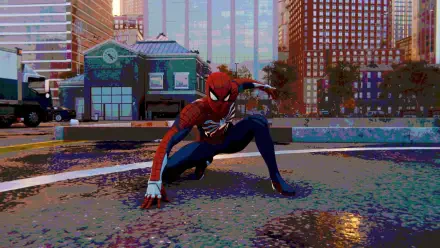 Spider-Man crouching on a wet city street at dusk, captured in stunning detail for a 4K Ultra HD PC desktop wallpaper.
