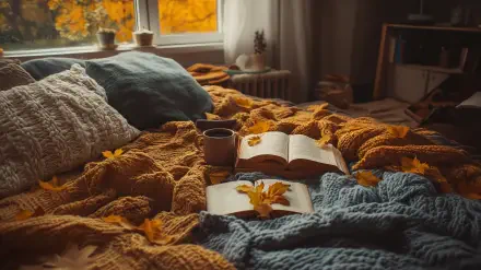 A cozy autumn aesthetic featuring a warm bed adorned with orange and blue blankets, an open book, scattered leaves, and a steaming cup, all bathed in soft, golden light.