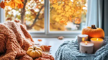 A cozy autumn aesthetic featuring a soft blanket, pumpkins, and candles next to a window with vibrant fall foliage. This image serves as a charming 4K Ultra HD desktop wallpaper.