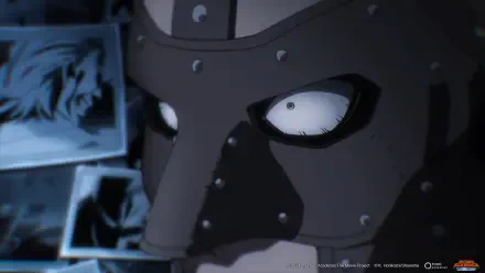 Close-up of a character from My Hero Academia: You're Next, featuring focused eyes and a helmet, set against a backdrop of dramatic, dark imagery. HD desktop wallpaper.