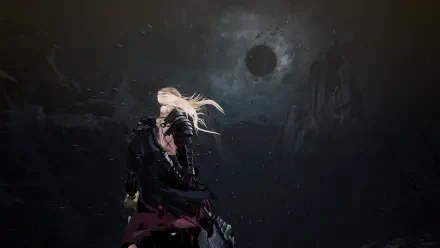 A high-definition wallpaper featuring a character from the video game The First Berserker: Khazan, set against a dark, atmospheric backdrop with a haunting celestial element.