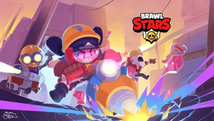 Bright and colorful 4K Ultra HD wallpaper featuring characters from the game Brawl Stars, showcasing action and excitement in a dynamic gaming scene.