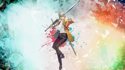 ReFantazio metaphor: silver-haired swordsman leaping through teal, pink and orange paint splashes, wielding dual blades — HD PC desktop wallpaper and background.