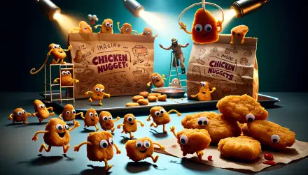 A vibrant 4K Ultra HD image featuring playful animated chicken nuggets with googly eyes, surrounded by whimsical packaging and a fun, lively backdrop.