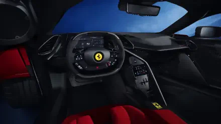 Interior view of a Ferrari F80, showcasing a sleek dashboard with a prominent logo, modern controls, and red leather seats, presented as a stunning 4K Ultra HD desktop wallpaper.
