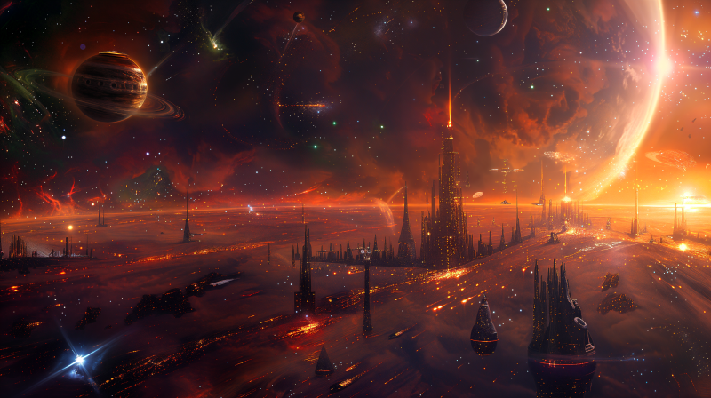 {{ A stunning sci-fi cityscape bathed in vibrant colors, set against a cosmic background filled with planets and stars, providing a captivating space opera atmosphere. 4K Ultra HD resolution. 