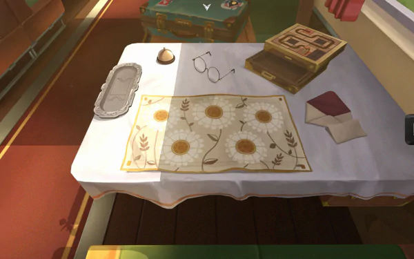 A cozy tabletop scene from the video game The Star Named EOS, featuring a floral-patterned tablecloth, glasses, and a decorative box, designed as an HD desktop wallpaper.