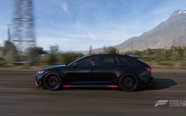 HD PC desktop wallpaper featuring the Audi RS6 Avant speeding through a scenic landscape in the video game Forza Horizon 5.