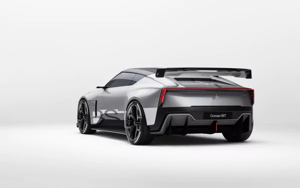 A sleek, modern Polestar 6 sports car displayed against a minimalistic background, showcasing its aerodynamic design and striking features in high-definition wallpaper format.