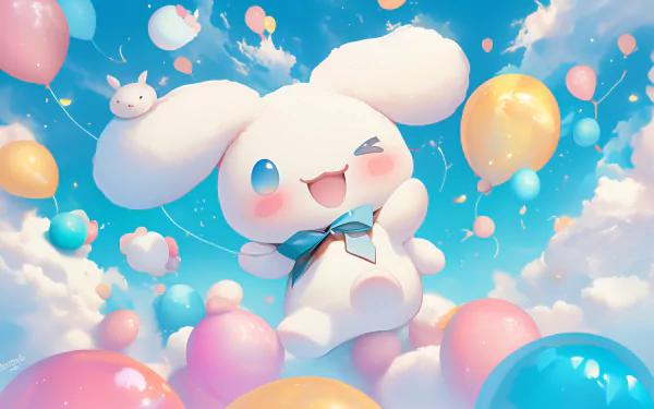 A vibrant HD desktop wallpaper featuring Cinnamoroll from Sanrio, floating joyfully among colorful balloons in a bright, cloud-filled sky.