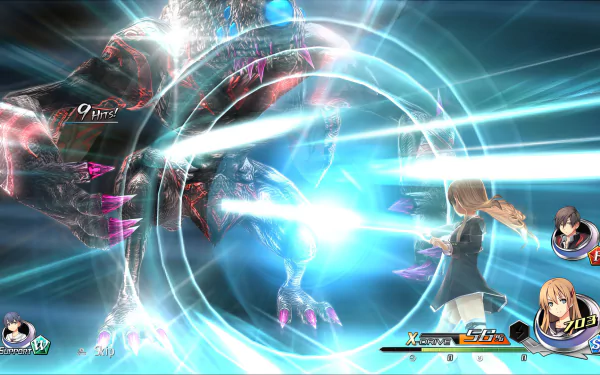 A dynamic scene from Tokyo Xanadu eX+, featuring a character engaging in battle against a colossal creature, surrounded by vibrant energy effects in a high-definition wallpaper.