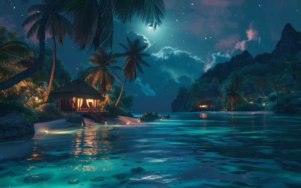 A serene beach house glows under the moonlight, surrounded by lush palm trees and calm waters, creating an enchanting island paradise scene in this HD desktop wallpaper.