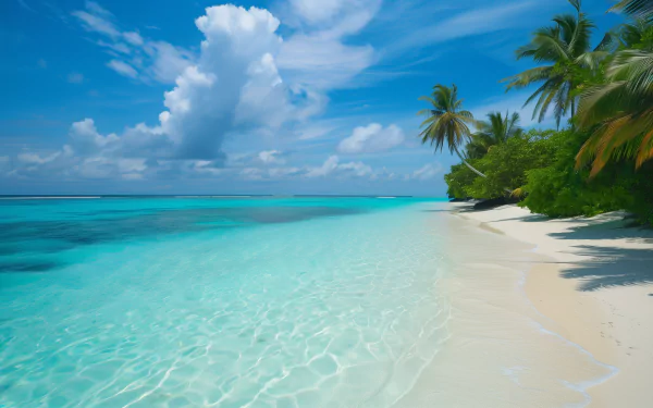 A stunning beach scene featuring a sandy shore, crystal-clear turquoise waters, and lush green palms, capturing the essence of an island paradise. High-definition wallpaper for desktop.