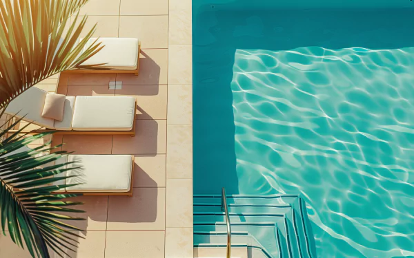 A serene poolside scene featuring lounge chairs and shimmering water, captured in high definition, creating a refreshing and relaxing atmosphere for your desktop background.