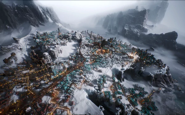 An HD desktop wallpaper featuring scenes from the video game Frostpunk 2, showcasing its striking visual style and atmospheric environment.