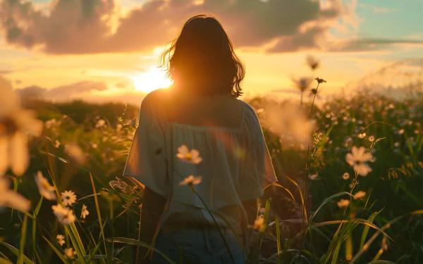A woman stands in a field of flowers at sunset, embodying summer vibes. This HD desktop wallpaper captures a peaceful, vibrant moment in nature.