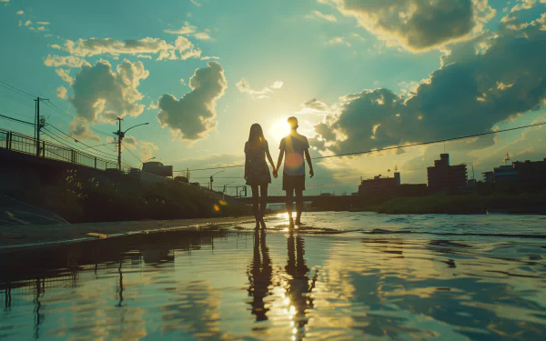 A couple holds hands by a reflective surface, bathed in warm summer light with vibrant clouds above, creating a serene and romantic atmosphere in this HD wallpaper.