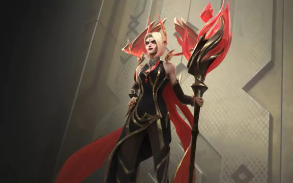 A stunning HD desktop wallpaper featuring LeBlanc from League of Legends, showcasing her in a striking outfit with a fiery staff against an intricate background.