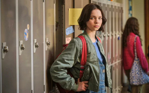 A scene from the TV show A Good Girl's Guide to Murder, featuring a girl in a green jacket leaning against lockers in a school hallway, with another student in the background.