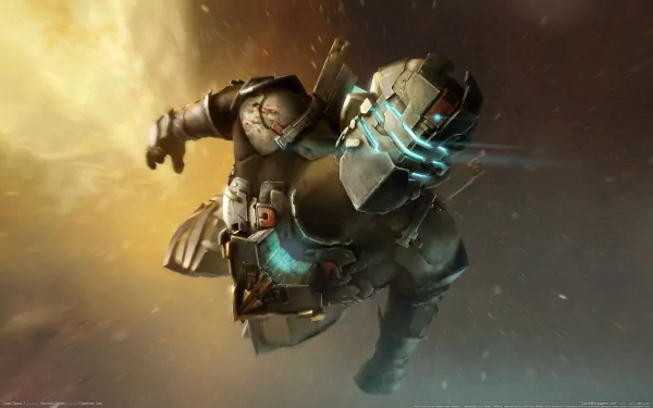 A stunning HD desktop wallpaper from the video game Dead Space 2, featuring the iconic character in a dynamic pose against a dramatic space backdrop.