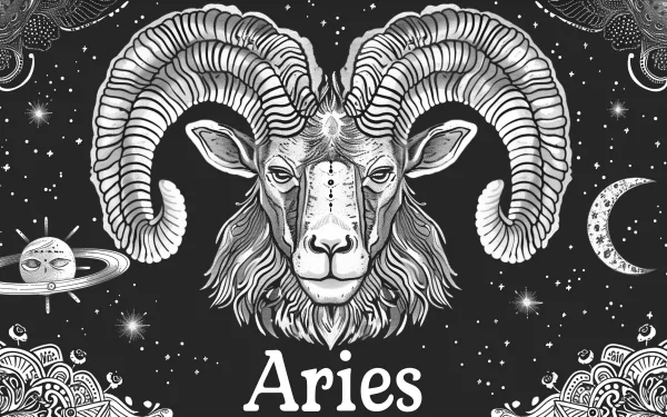 A striking black and white HD wallpaper featuring the Aries zodiac sign, illustrated with a majestic ram surrounded by celestial elements and detailed patterns.