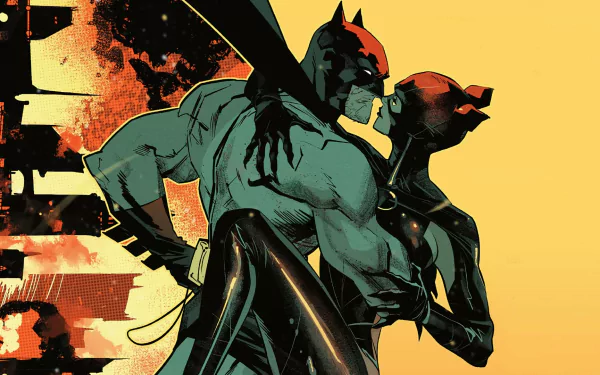 HD PC desktop wallpaper featuring Batman and Catwoman in a close embrace, illustrated by Jorge Jiménez for DC Comics.