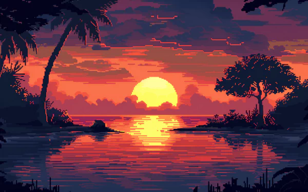 A vibrant pixel art depiction of a jungle at sunset, featuring rich colors and detailed scenery, designed as an HD desktop wallpaper and background.