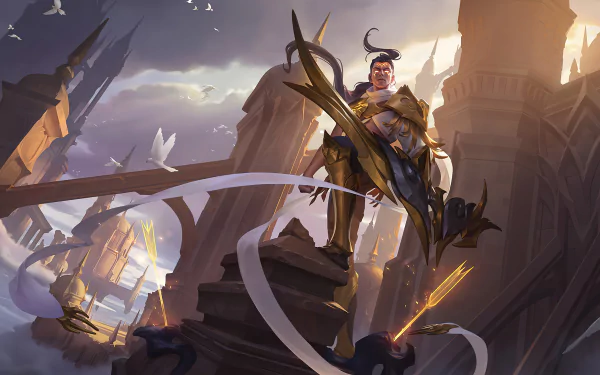 HD wallpaper featuring Varus from League of Legends, standing majestically in a fantastical landscape, with dynamic elements and a dramatic sky enhancing the game's epic aesthetic.