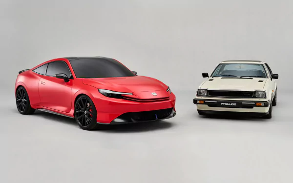 A striking HD wallpaper featuring two Honda Prelude vehicles: a sleek red model alongside a classic white counterpart, showcasing the evolution of this iconic vehicle.