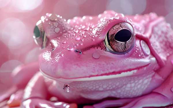 A close-up of a pink frog adorned with droplets, set against a soft pink background, creating a vibrant and lively HD desktop wallpaper.